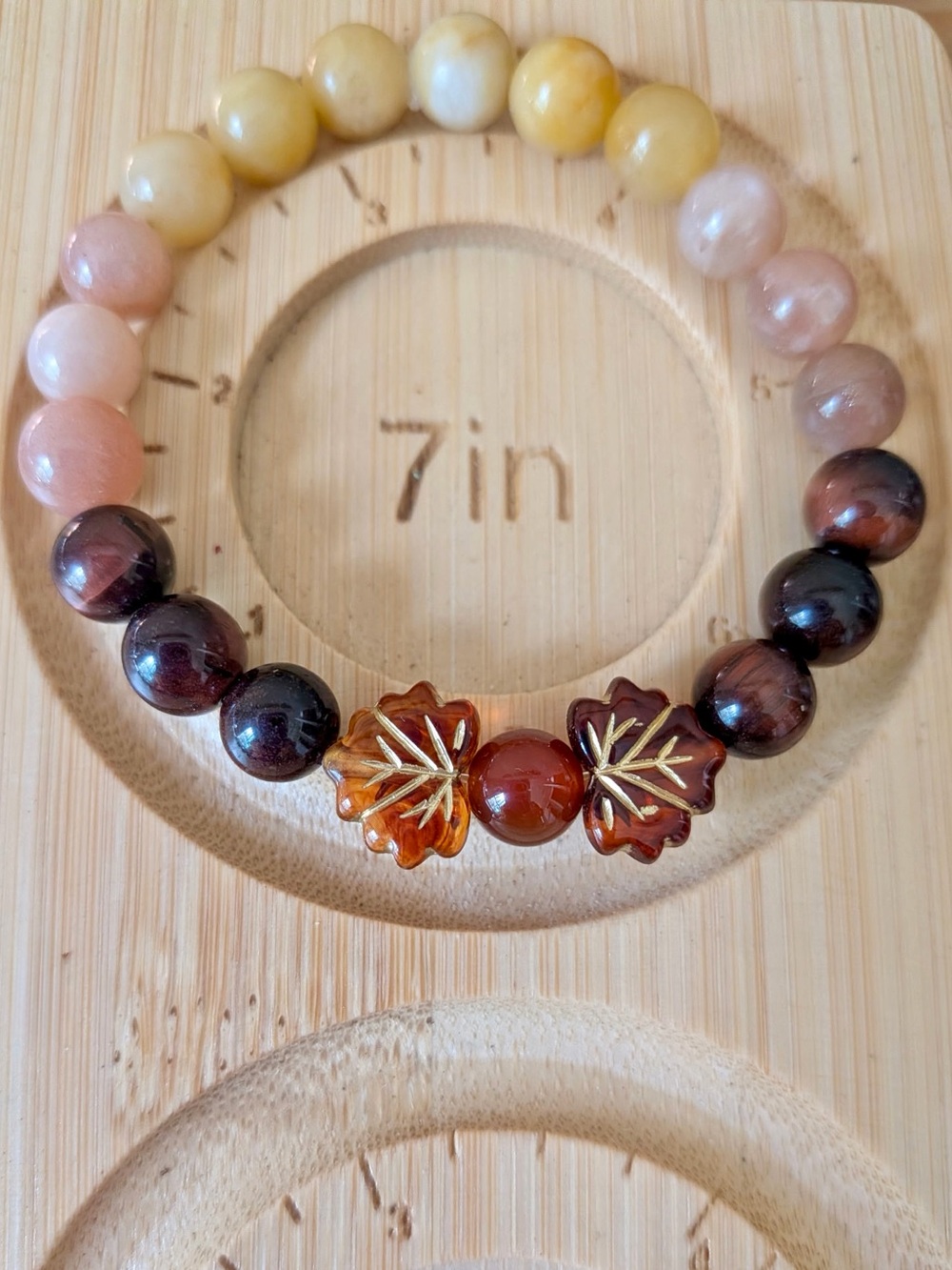 Handmade Tiger's Eye Sunstone & Calcite Autumn Leaf Bracelet Size 6.75-7